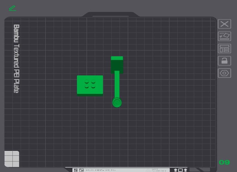May include: A green 3D printed model of a small building on a dark gray textured surface. The model is made of plastic and has a simple design. The surface is a grid pattern.