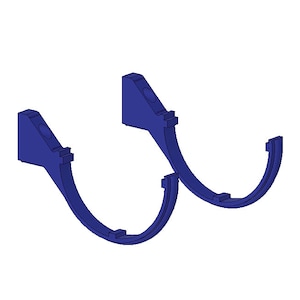 May include: Two blue, curved brackets with a semi-circular design. Each bracket has a rectangular base and a curved section with a series of small, rectangular protrusions. The brackets are designed to hold an object.
