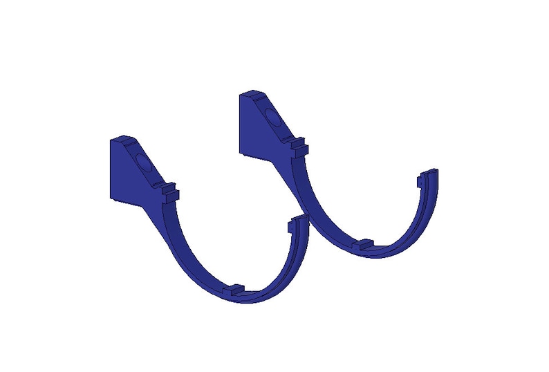 May include: Two blue, curved brackets with a semi-circular design. Each bracket has a rectangular base and a curved section with a series of small, rectangular protrusions. The brackets are designed to hold an object.