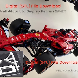 May include: A red and white Lego Ferrari SF-24 race car model with a wall mount. The wall mount is a white 3D printed design. The image text reads "Digital (STL) File Download Wall Mount to Display Ferrari SF-24 Digital (STL) File Download Lego Not Included".