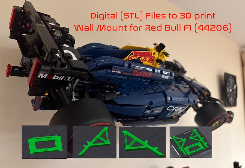 May include: A 3D-printed wall mount for a Red Bull F1 model. The model is primarily blue with red and yellow accents, and the text "Digital (STL) Files to 3D print Wall Mount for Red Bull F1 (44206)" is visible. Several green 3D-printed support structures are shown.