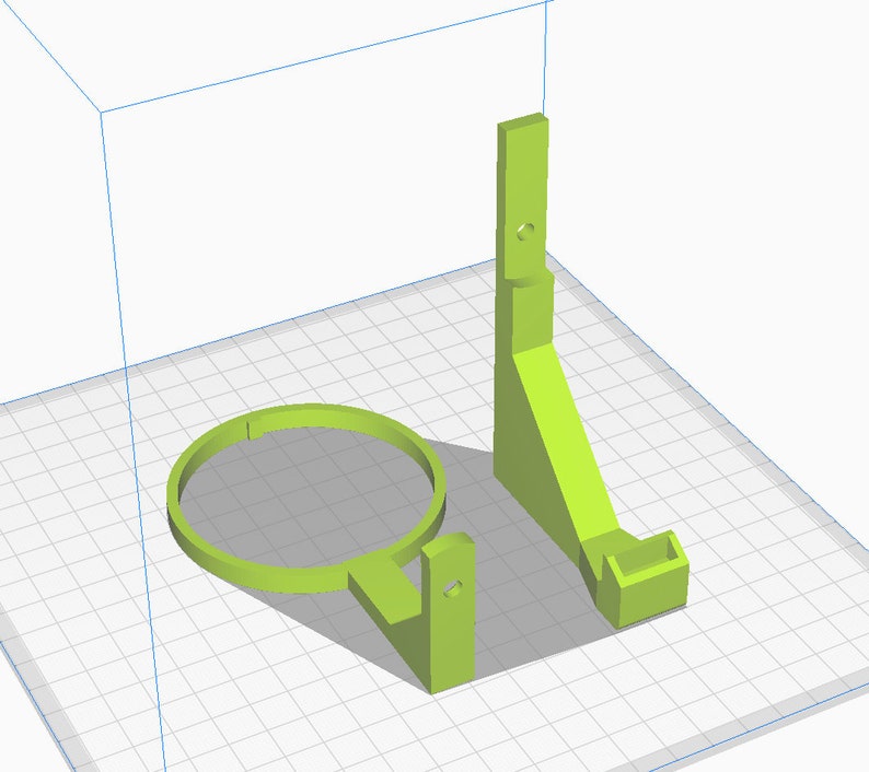 May include: Two 3D printed green plastic wall mounts. One mount is a circular ring with a small rectangular base. The other mount is a tall, rectangular shape with a small rectangular base.