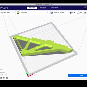 May include: A 3D model of a green and gray object is shown on a computer screen. The object is being prepared for 3D printing using the Ultimaker Cura software. The object is 195.2 x 177.2 x 16.0 mm in size.