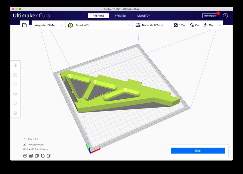 May include: A 3D model of a green and gray object is shown on a computer screen. The object is being prepared for 3D printing using the Ultimaker Cura software. The object is 195.2 x 177.2 x 16.0 mm in size.