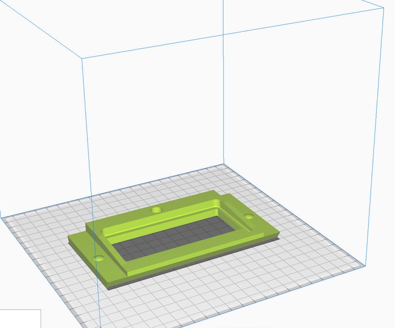 May include: A 3D-rendered, lime green rectangular object with a recessed interior and two circular holes. The object sits on a gray grid, within a white box, suggesting a digital model or prototype.