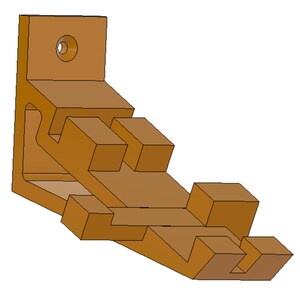 May include: A brown wooden corner shelf bracket with a hole for mounting. The bracket has a stepped design with multiple levels.