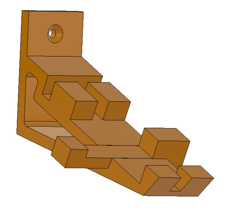 May include: A brown wooden corner shelf bracket with a hole for mounting. The bracket has a stepped design with multiple levels.