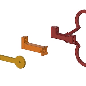 May include: Three 3D-rendered mechanical components in shades of gold, orange, and red. The components include a lever with a circular end, a bracket, and a hinged assembly with curved arms. The objects are isolated against a white background.