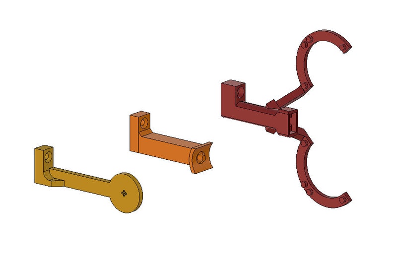 May include: Three 3D-rendered mechanical components in shades of gold, orange, and red. The components include a lever with a circular end, a bracket, and a hinged assembly with curved arms. The objects are isolated against a white background.