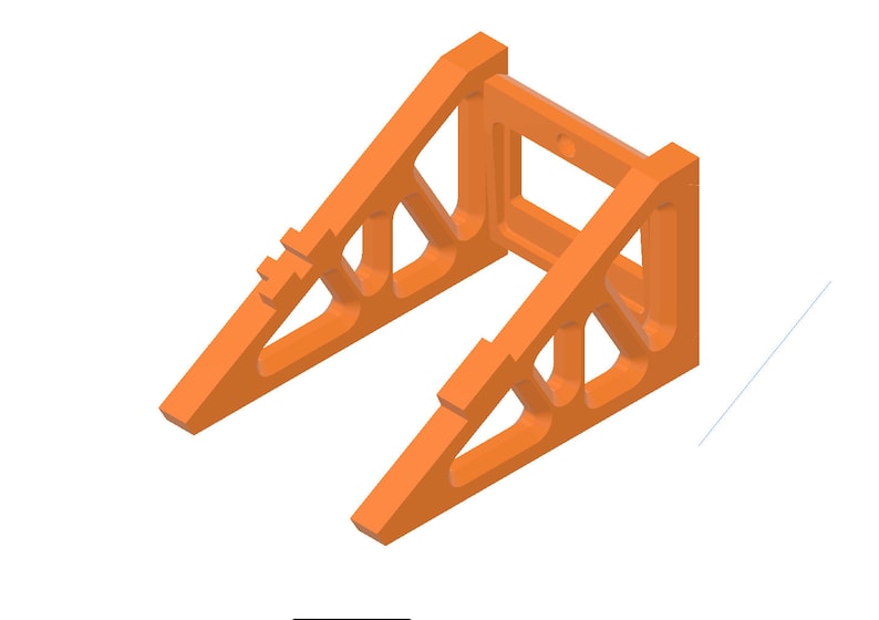 Puede incluir: Soporte naranja impreso en 3D con dise&ntilde;o geom&eacute;trico. El soporte tiene un marco rectangular con soportes triangulares y una base en forma de U. El dise&ntilde;o incluye secciones recortadas para reducir el peso.