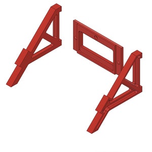 May include: A red plastic 3D printed stand with two triangular supports and a rectangular cutout in the center.