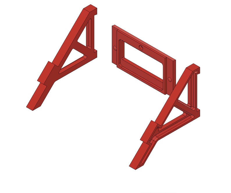 May include: A red plastic 3D printed stand with two triangular supports and a rectangular cutout in the center.