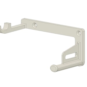 May include: A light gray, 3D-printed wall mount for a gaming controller. The mount features a horizontal bar with two circular holes and a curved hook for the controller. A second hook is positioned below.