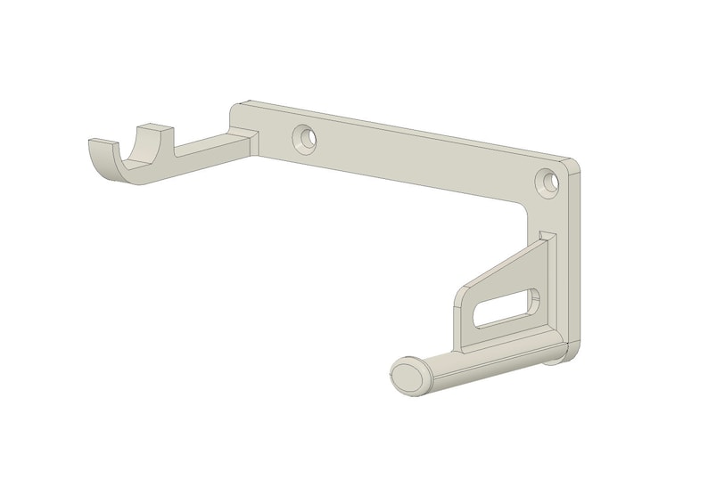 May include: A light gray, 3D-printed wall mount for a gaming controller. The mount features a horizontal bar with two circular holes and a curved hook for the controller. A second hook is positioned below.