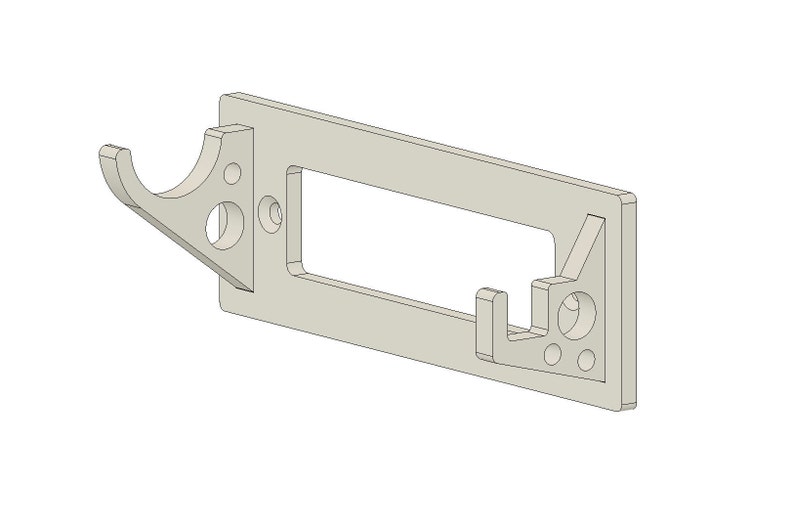 May include: A white plastic wall mount with a hook and a rectangular cutout. The hook is designed to hold a small object, such as a towel or a bag.