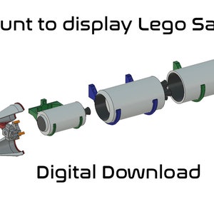 May include: A digital illustration of a wall mount designed to display a Lego Saturn V rocket. The rocket is shown disassembled, with various components in light gray, green, blue, and orange. The text "Wall Mount to display Lego Saturn V" and "Digital Download" are also visible.