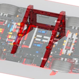 May include: A red Lego model of a car stand. The stand is made of Lego bricks and is designed to hold a car model. The stand is shown in front of a Lego car model.