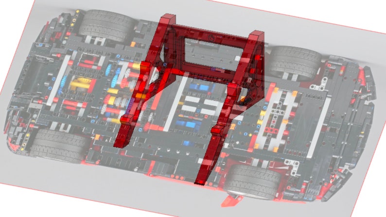 May include: A red Lego model of a car stand. The stand is made of Lego bricks and is designed to hold a car model. The stand is shown in front of a Lego car model.
