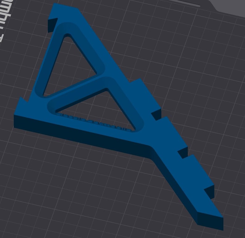 May include: A blue plastic 3D printed object with a triangular shape and a long, thin base. The object has a series of small holes along the base.