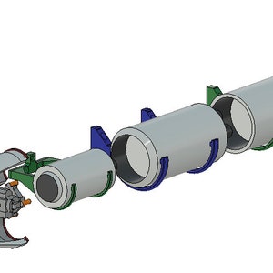 May include: An exploded view of a rocket, showcasing its internal components. The rocket is primarily gray, with green, blue, red, orange, and silver accents. The design highlights the various parts that make up the rocket's structure and propulsion systems.