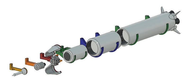 May include: An exploded view of a rocket, showcasing its internal components. The rocket is primarily gray, with green, blue, red, orange, and silver accents. The design highlights the various parts that make up the rocket's structure and propulsion systems.