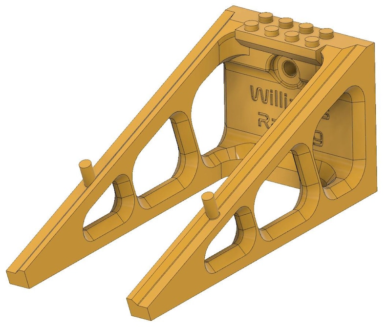 May include: A tan-colored, 3D-printed support structure with a series of angled beams and cut-out sections. The structure has two cylindrical pegs and a top section with eight circular studs. The text "Williams R" is visible on the side.