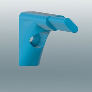 May include: A light blue plastic corner bracket with a hole for a screw. The bracket is designed to be used for mounting shelves or other objects to a wall.