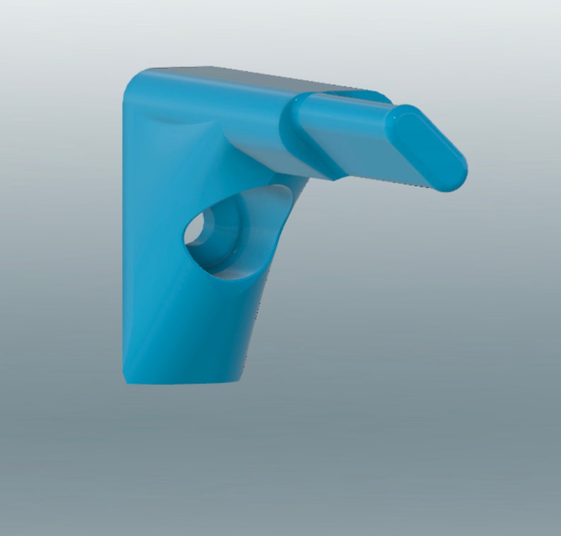 May include: A light blue plastic corner bracket with a hole for a screw. The bracket is designed to be used for mounting shelves or other objects to a wall.