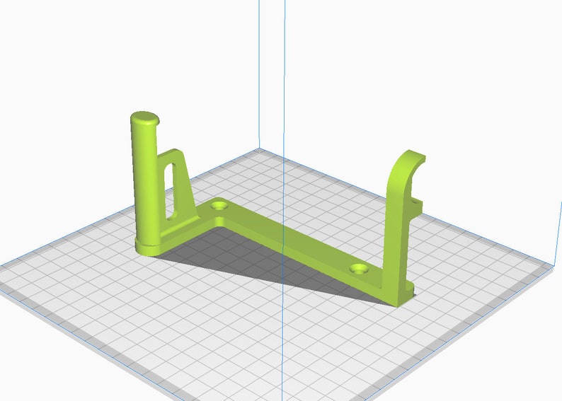 May include: A lime green, 3D-printed bracket with a triangular base and two vertical supports. Each support has a different design, one with a cylindrical top and the other with a curved hook. The base has two circular holes.