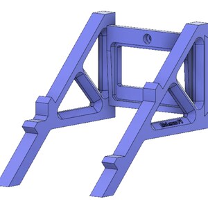May include: A blue 3D printed wall mount with a rectangular opening in the center. The mount has a triangular design with a series of small holes and a textured surface.