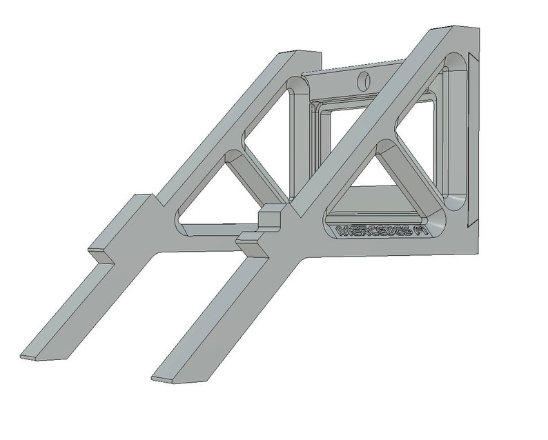 May include: A gray metal corner brace with a triangular shape and a small hole in the center. The brace has a decorative design with a repeating pattern of lines and angles. The brace is labeled "WERCEDES 97".