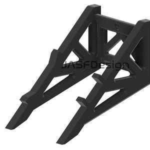 May include: Black, geometric stand with angled supports and a central connecting piece. The design features open triangular cutouts and the text "JASFDdesign". The stand is designed to hold an object.