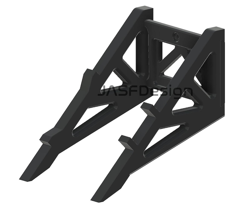 May include: Black, geometric stand with angled supports and a central connecting piece. The design features open triangular cutouts and the text "JASFDdesign". The stand is designed to hold an object.