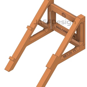 May include: A 3D-rendered, orange-colored support structure with angled legs and a rectangular frame. The text "JASE Design" and "McLaren" are visible. The model also has the text "MCL39 A".