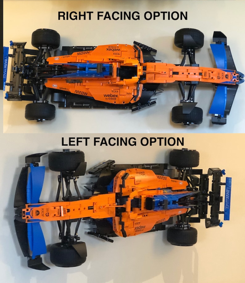 Puede incluir: Un modelo de coche de carreras de F&oacute;rmula 1 McLaren Lego en naranja, azul y negro. El coche se muestra desde dos &aacute;ngulos diferentes, uno con la parte delantera mirando hacia la derecha y el otro con la parte delantera mirando hacia la izquierda. El coche tiene las palabras "WebEx by Cisco" impresas en el lateral.
