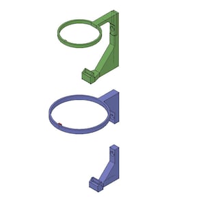 May include: Two 3D renderings of a wall-mounted holder for a round object. The top holder is green and the bottom holder is blue.