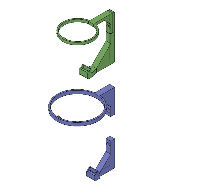 May include: Two 3D renderings of a wall-mounted holder for a round object. The top holder is green and the bottom holder is blue.