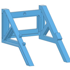 May include: A light blue wall mount stand with a rectangular opening in the center. The stand has a triangular shape on each side and is designed to hold a device.