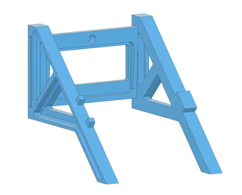 May include: A light blue wall mount stand with a rectangular opening in the center. The stand has a triangular shape on each side and is designed to hold a device.