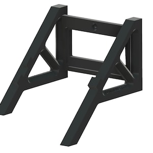 May include: Black plastic wall mount with a triangular design. The mount has a rectangular opening in the centre.