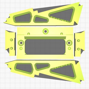 K&ouml;nnte beinhalten: Ein geometrisches Design in Gelb und Grau mit drei Teilen. Die oberen und unteren Teile haben ein Ausschnittdesign. Das mittlere Teil hat eine rechteckige &Ouml;ffnung.