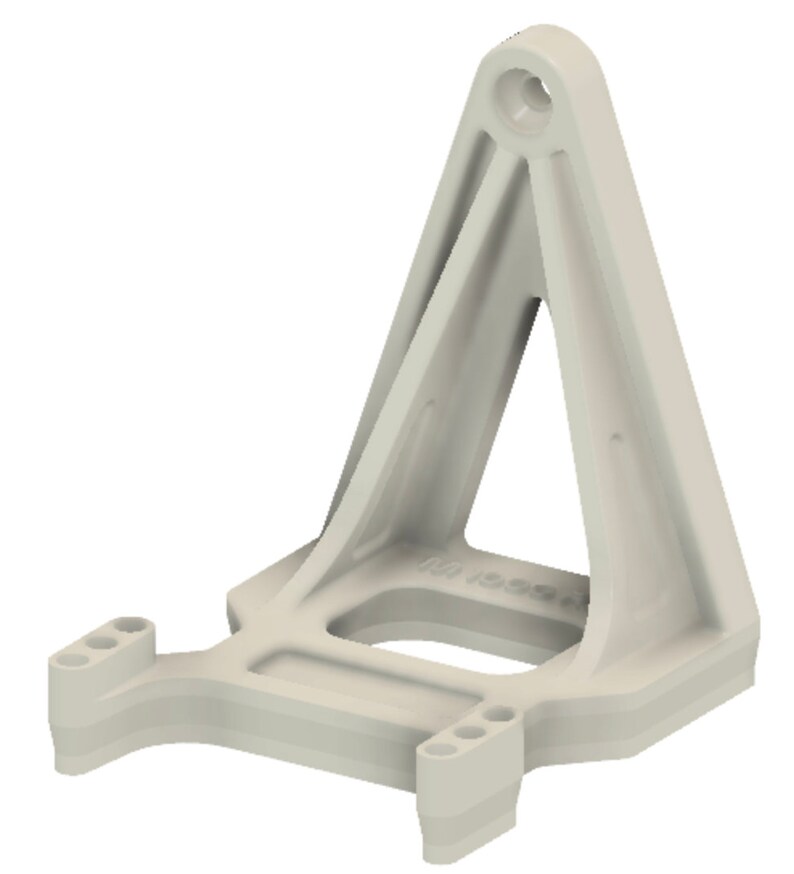 May include: A white plastic 3D printed model of a triangular stand with a rectangular base. The stand has a hole at the top and three holes on each side of the base.
