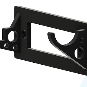 May include: Black metal wall mount with two hooks. The hooks are angled and have a rounded shape. The mount has several holes for mounting.