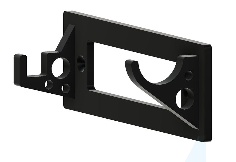 May include: Black metal wall mount with two hooks. The hooks are angled and have a rounded shape. The mount has several holes for mounting.
