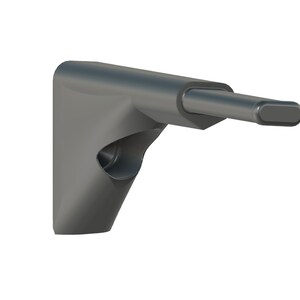 Op de afbeelding: Een zwarte plastic wandbeugel met een lange, dunne, horizontale arm die aan de zijkant uitsteekt. De arm heeft een afgerond uiteinde.
