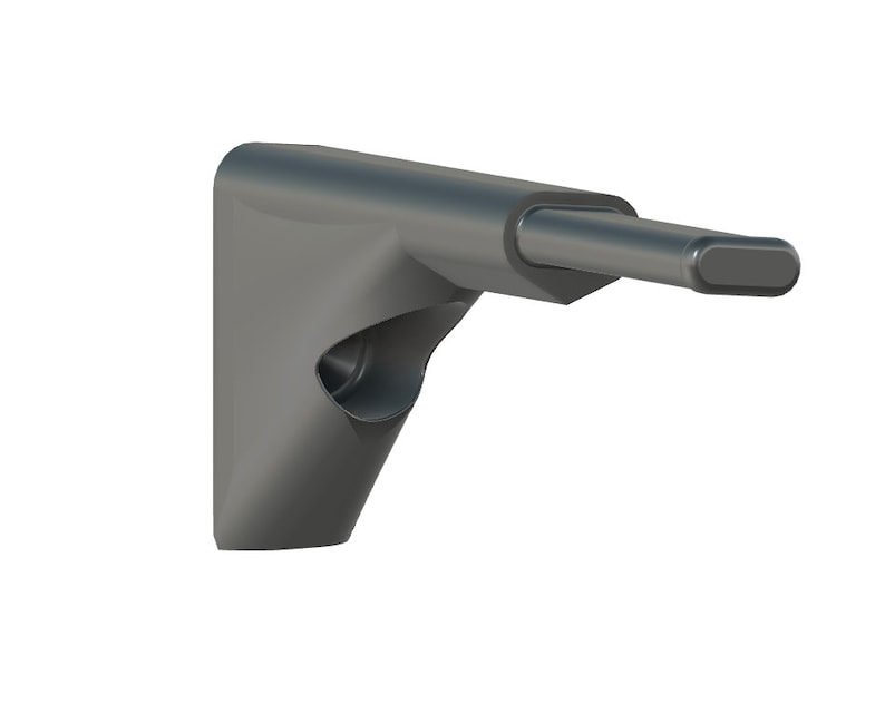 Op de afbeelding: Een zwarte plastic wandbeugel met een lange, dunne, horizontale arm die aan de zijkant uitsteekt. De arm heeft een afgerond uiteinde.