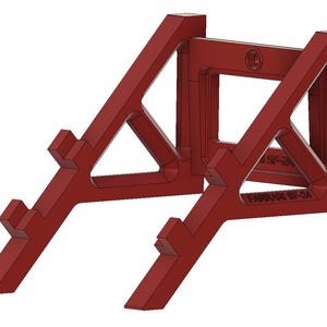 May include: A red plastic wall mount for a guitar or other instrument. The mount has a triangular shape and is designed to hold the instrument securely in place. The mount is labeled "SF-2A" and "FARROW RF-2A".