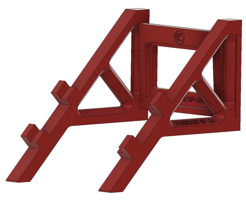 May include: A red plastic wall mount for a guitar or other instrument. The mount has a triangular shape and is designed to hold the instrument securely in place. The mount is labeled "SF-2A" and "FARROW RF-2A".