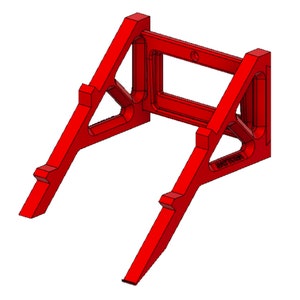 May include: A red plastic wall mount with a rectangular opening in the centre. The mount has a triangular shape on each side and is designed to hold a device.