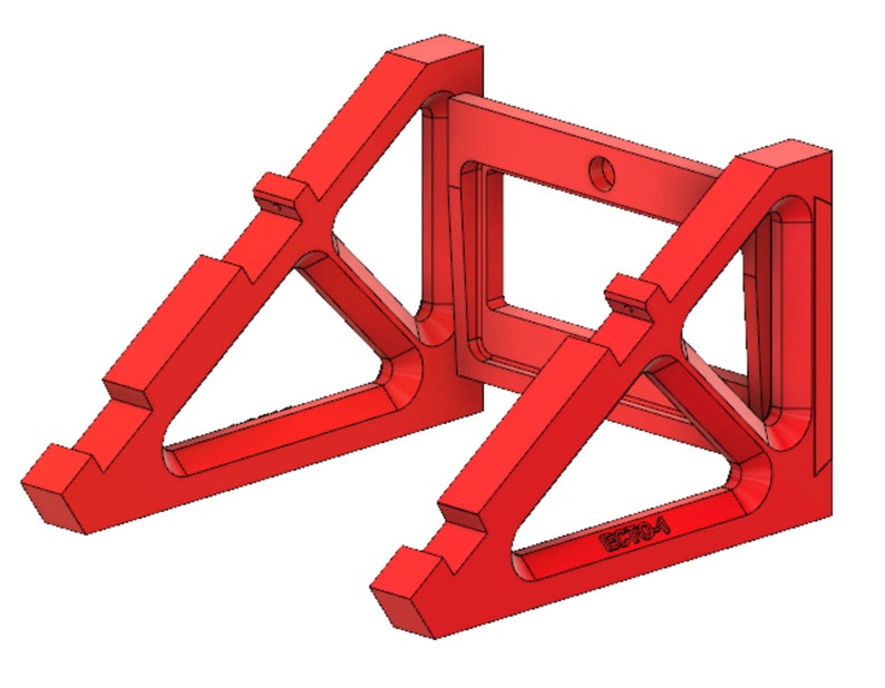 May include: A red, geometric bracket with an open rectangular center. The bracket has angled supports and a series of cutouts. The design includes a small hole and the text "EC704A".